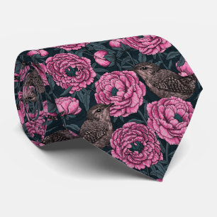 Peonies and wrens on dark gray neck tie