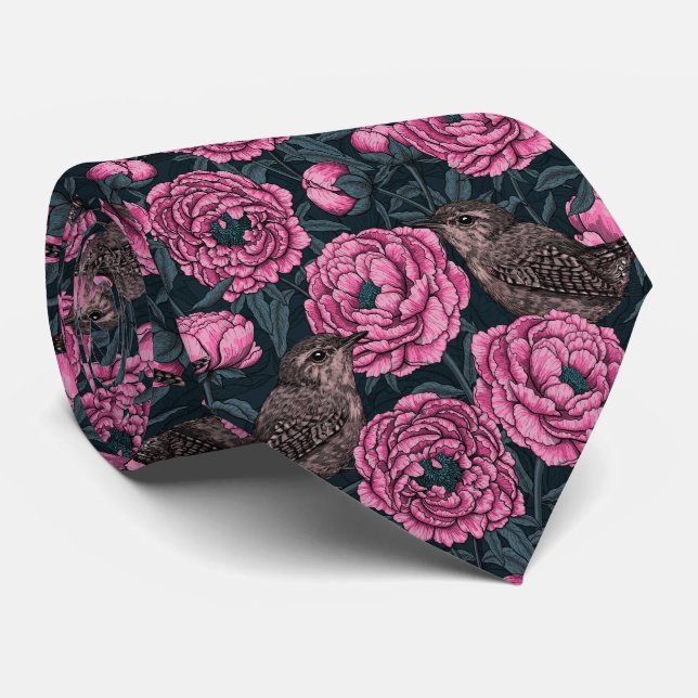 Peonies and wrens on dark gray neck tie (Rolled)