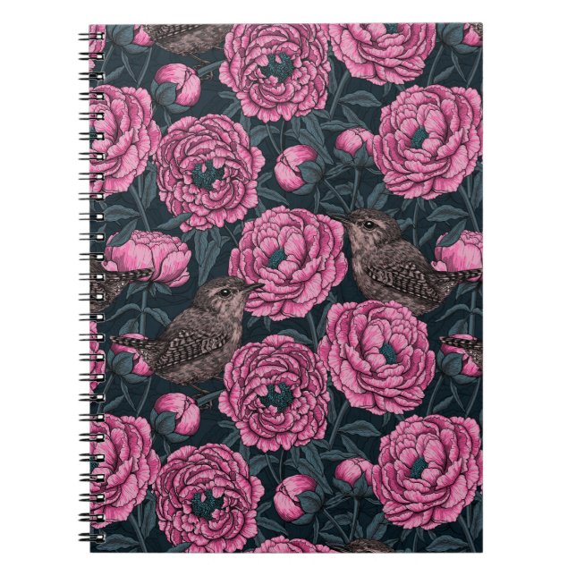 Peonies and wrens on dark gray notebook (Front)