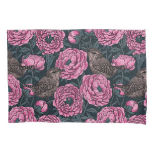 Peonies and wrens on dark gray pillow case