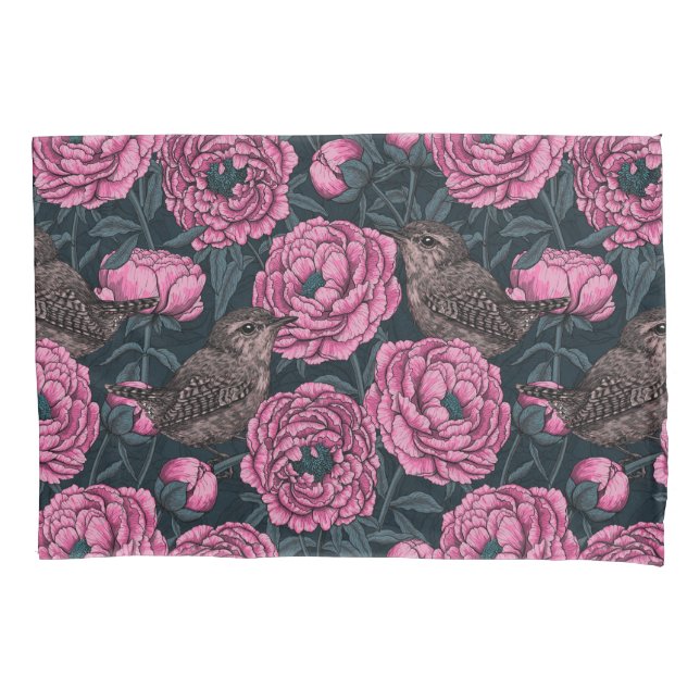 Peonies and wrens on dark gray pillow case (Front-Left)