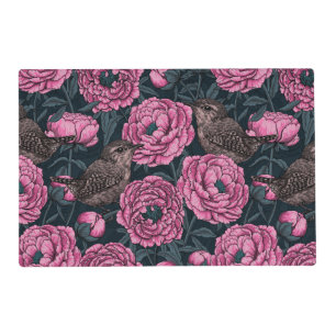 Peonies and wrens on dark gray placemat