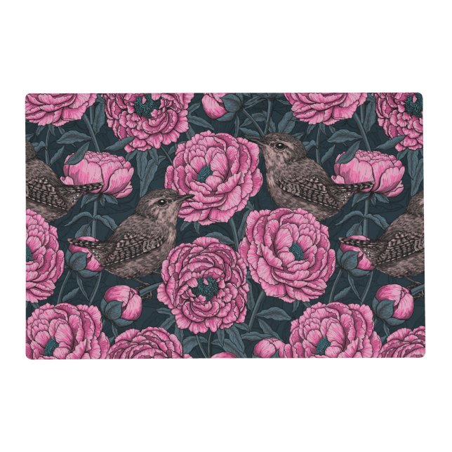 Peonies and wrens on dark gray placemat (Front)