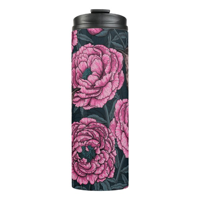 Peonies and wrens on dark gray thermal tumbler (Front)