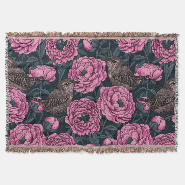 Peonies and wrens on dark gray throw blanket (Front)