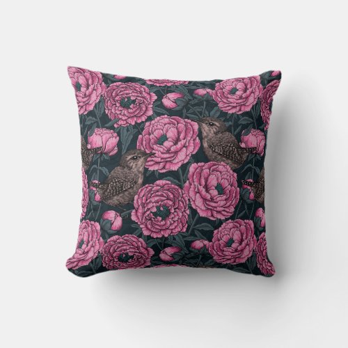 Peonies and wrens on dark gray throw pillow