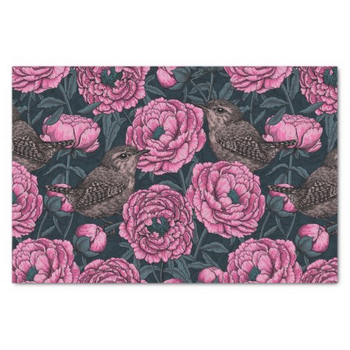 Peonies and wrens on dark gray tissue paper