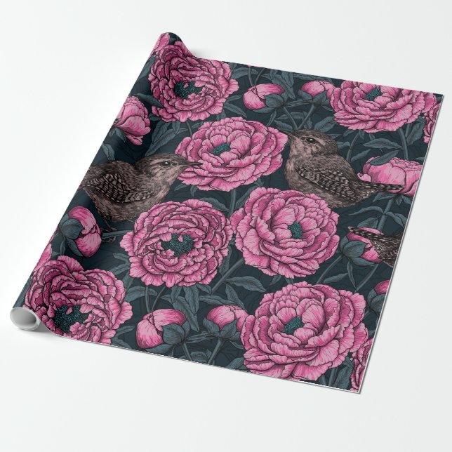 Peonies and wrens on dark gray wrapping paper (Unrolled)