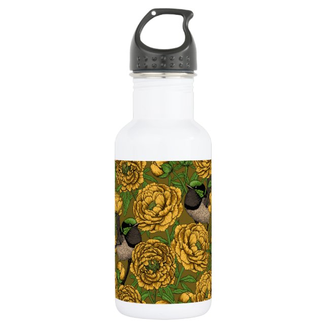 Peonies and wrens stainless steel water bottle (Front)