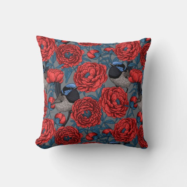 Peonies and wrens throw pillow (Front)