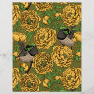 Peonies and wrens, yellow and green