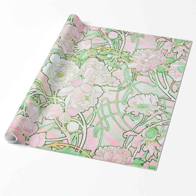 Peonies Art Nouveau Fine Art Wrapping Paper (Unrolled)