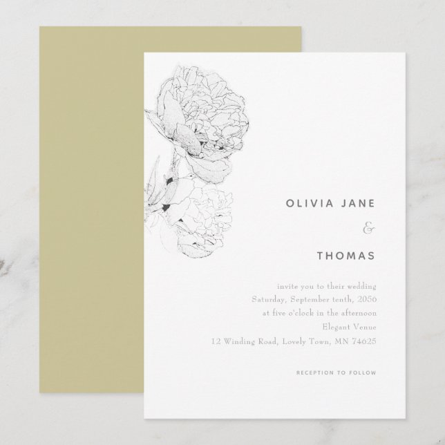 Peonies Black White Elegant Floral Sketch Wedding Invitation (Front/Back)
