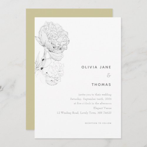 Peonies Black White Elegant Floral Sketch Wedding Invitation