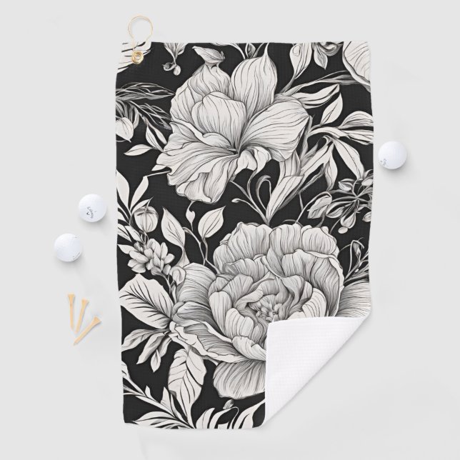 Peonies Black & White Vintage Pattern Golf Towel (InSitu)