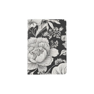Peonies Black & White Vintage Pattern Passport Holder