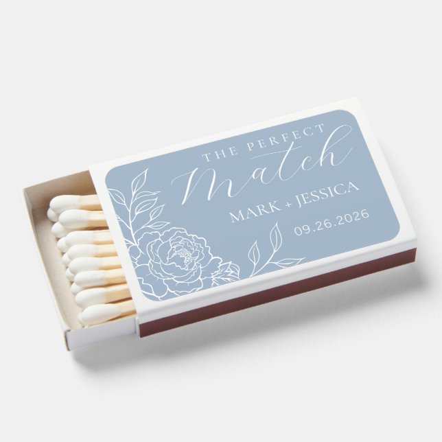 Peonies Blue Wedding Match Boxes (Front Open)