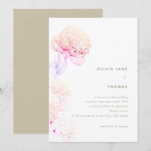 Peonies Blush Gold Elegant Floral Sketch Wedding Invitation (Front/Back)
