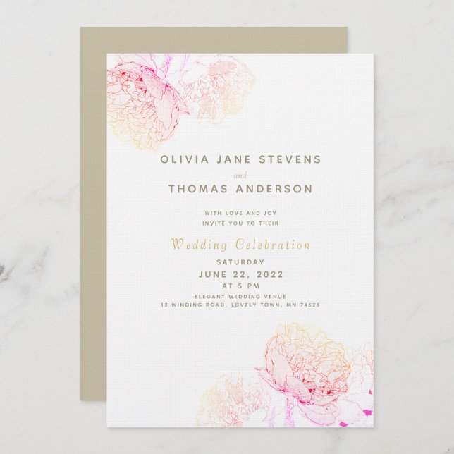 Peonies Blush Gold Elegant Modern Classic Wedding Invitation (Front/Back)