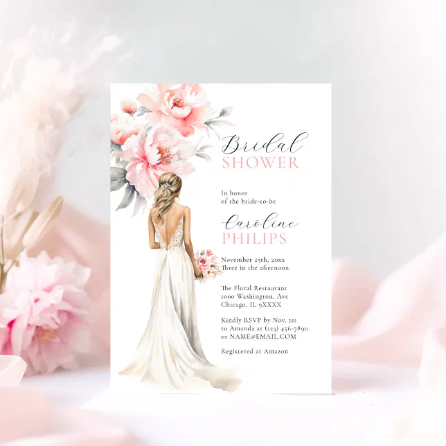 Peonies Blush Pink Bride Dress BRIDAL SHOWER Invitation | Zazzle