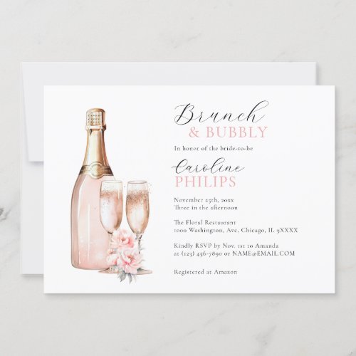 Peonies Blush Pink Brunch  Bubbly BRIDAL SHOWER Invitation