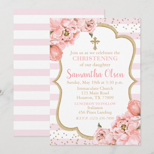 Peonies Blush Pink & Gold Christening Invitation (Front/Back)