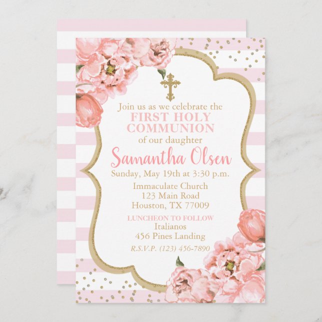 Peonies Blush Pink & Gold First Holy Communion Invitation (Front/Back)