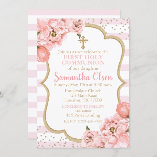 Peonies Blush Pink  Gold First Holy Communion Invitation