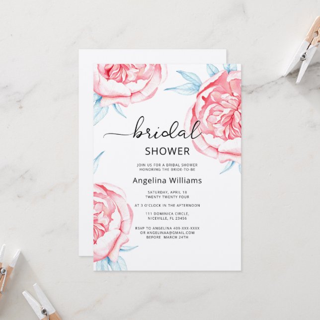 Peonies Bridal Shower Invitation  (Front/Back In Situ)
