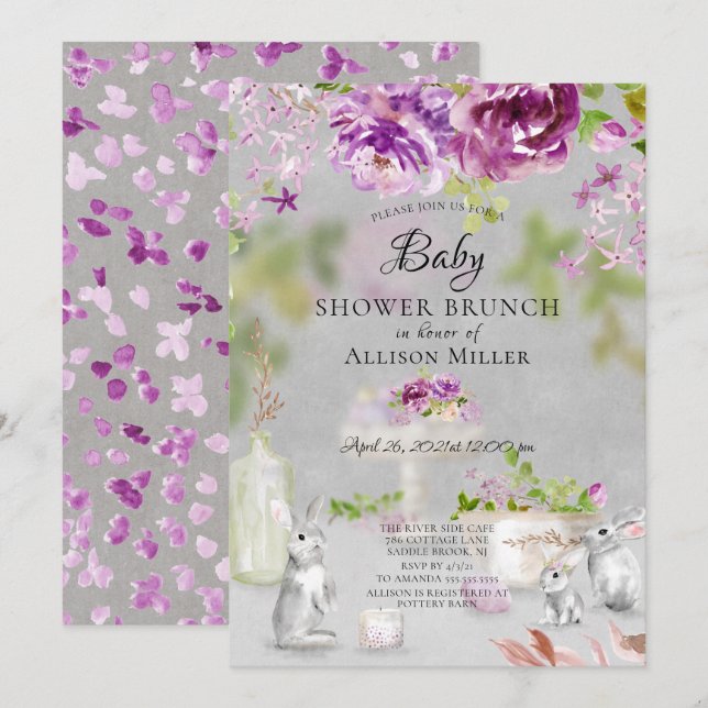 Peonies & Bunny Baby Shower Brunch Invitation (Front/Back)