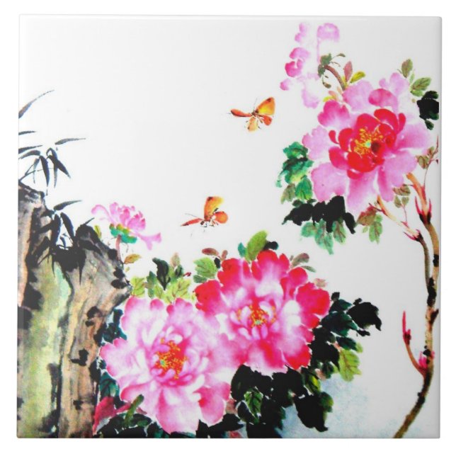 Peonies & Butterflies Chinese Watercolor Painting Ceramic Tile (Front)