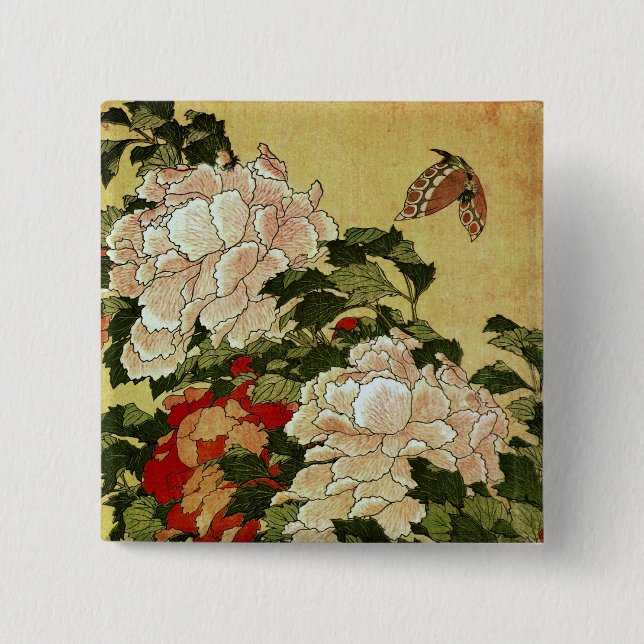 Peonies & Butterflies Hokusai Japanese Fine Art Button (Front)
