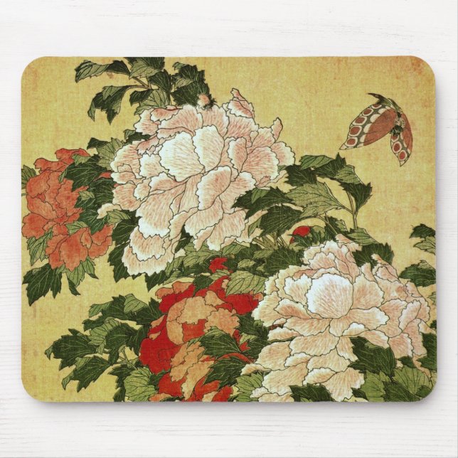 Peonies & Butterflies Hokusai Japanese Fine Art Mouse Pad (Front)