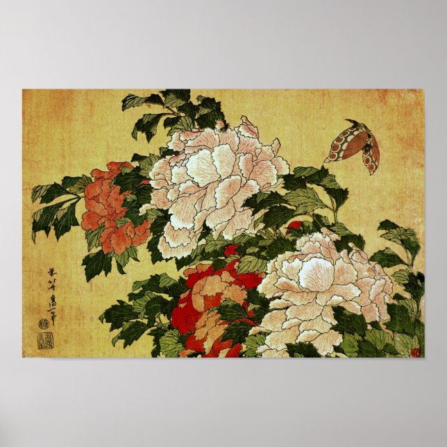 Peonies & Butterflies Hokusai Japanese Fine Art Poster (Front)
