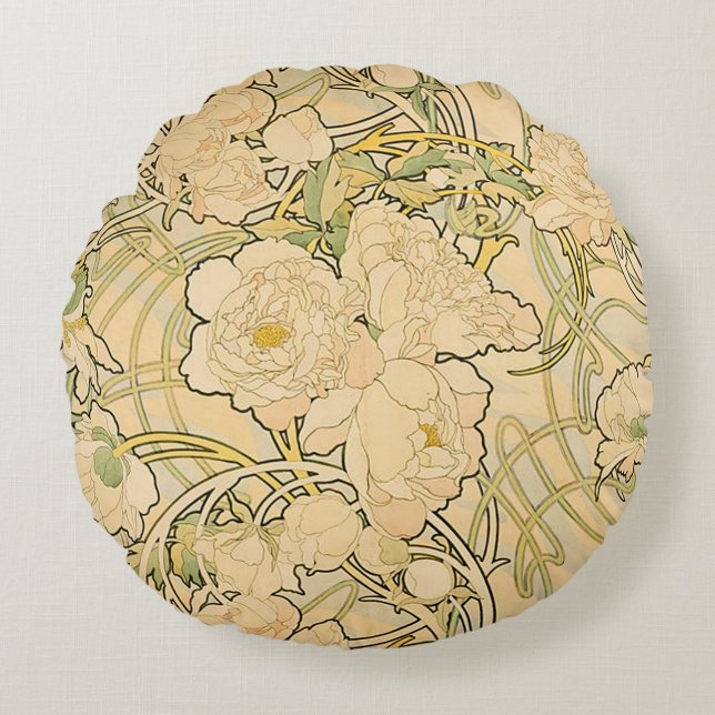 Peonies by Alphonse Mucha Round Pillow (Front)