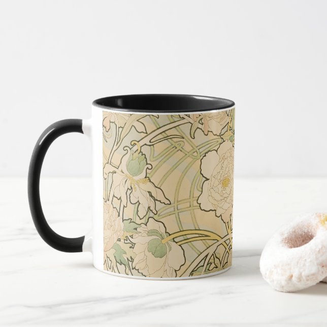 Peonies by Alphonse Mucha, Vintage Art Nouveau Mug (With Donut)