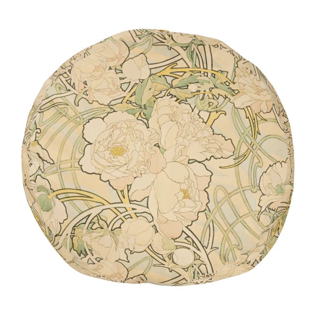 Peonies by Alphonse Mucha, Vintage Art Nouveau Pouf (Top)