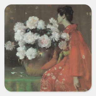 Peonies by William Merritt Chase, Vintage Fine Art Square Sticker