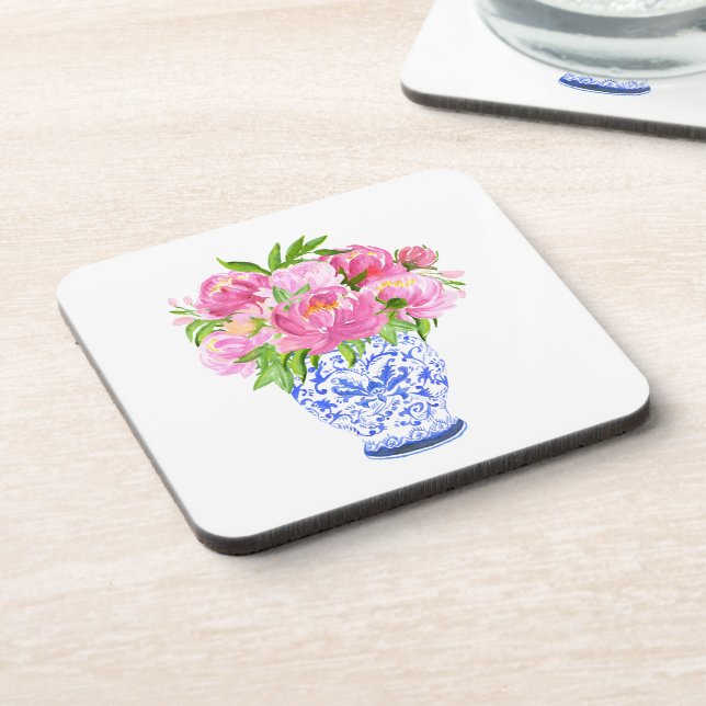Peonies Chinoiserie Vase Beverage Coaster (Left Side)