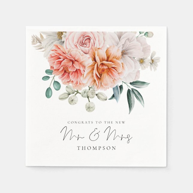 Peonies Coral Peach Congrats Mr Mrs Wedding Napkins (Front)