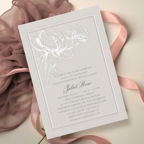 Peonies Elegant Frame Modern Ecru Floral Baptism Invitation