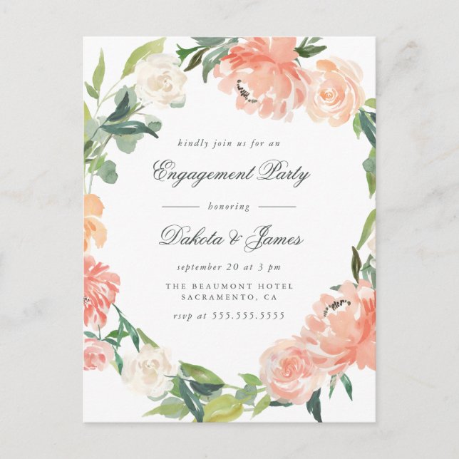Peonies & Eucalyptus Greenery Engagement Party Invitation Postcard (Front)