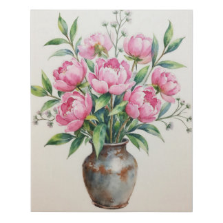 Peonies & Eucalyptus Watercolor Drawing Faux Canvas Print