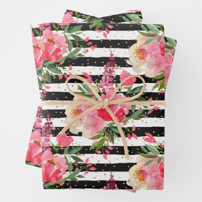 Peonies Floral Black White Stripes Wrapping Paper Sheets (In situ)
