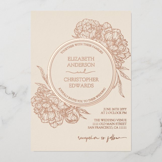 Peonies Floral Elegant REAL Rose Gold Wedding Foil Invitation (Front)