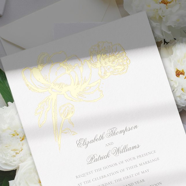 Peonies Floral Gold Formal Elegant Wedding Foil Invitation (peony wedding invitation formal traditional gold foil calligraphy modern classic)