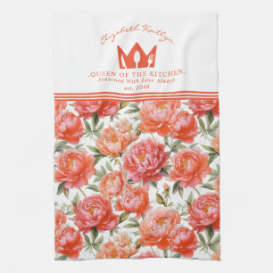 Peonies Floral Pink Orange   Queen of the kitchen Towel