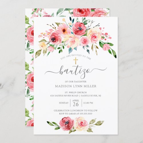 Peonies Floral Spanish Baptism Invitation