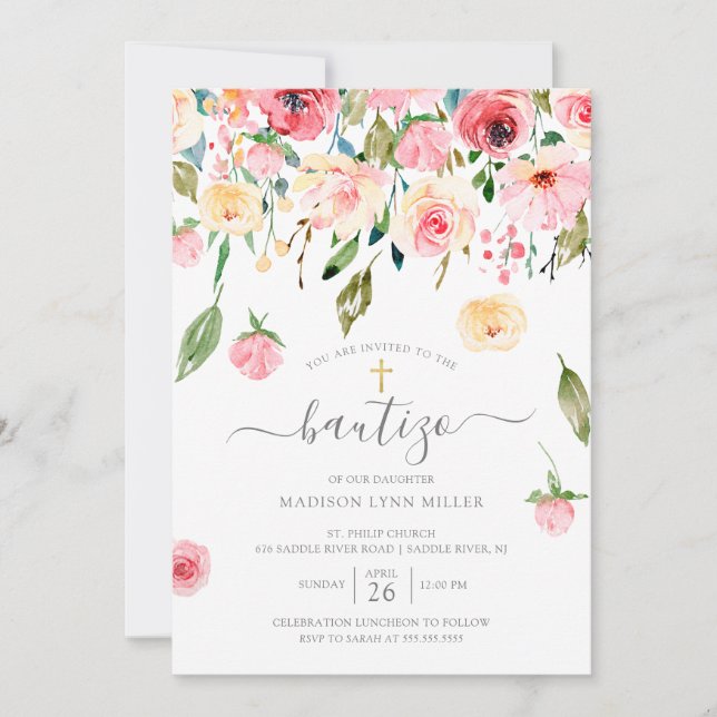 Peonies Floral Spanish Baptism Invitation (Front)
