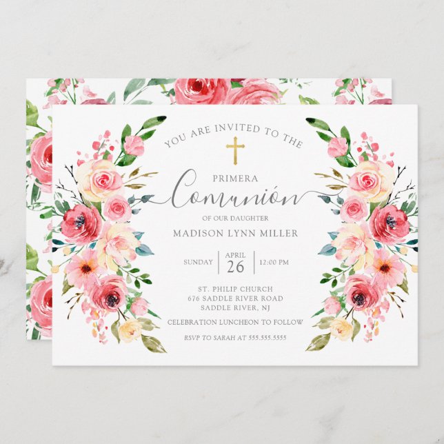 Peonies Floral Spanish First Communion Invitation (Front/Back)